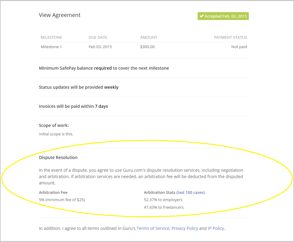 arbitration stats on agreement page (currently 52.37% / 47.63%)